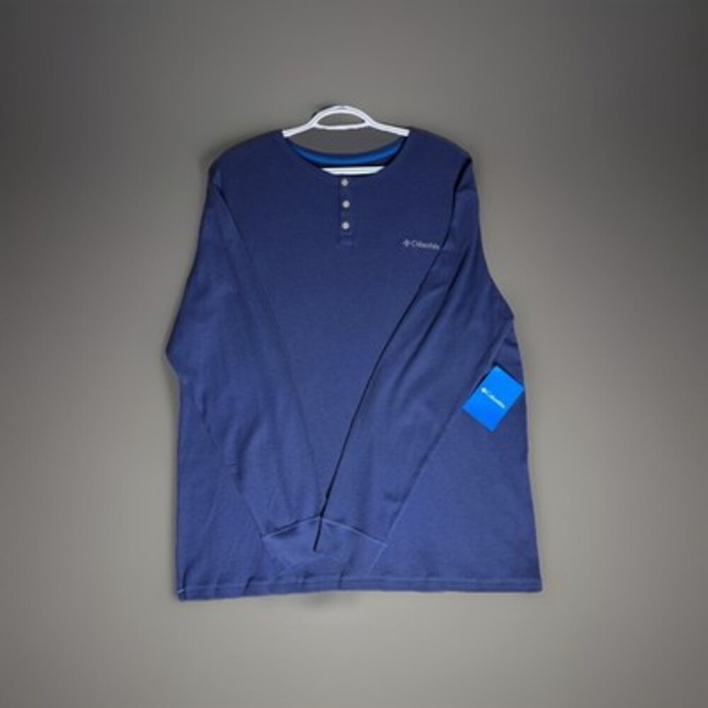 Columbia Mens Large Waffle Knit Thermal Henley Shirt Blue Base Layer NWT